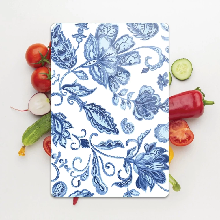 Tempered Glass Cutting Board - Blue Flowers Tile