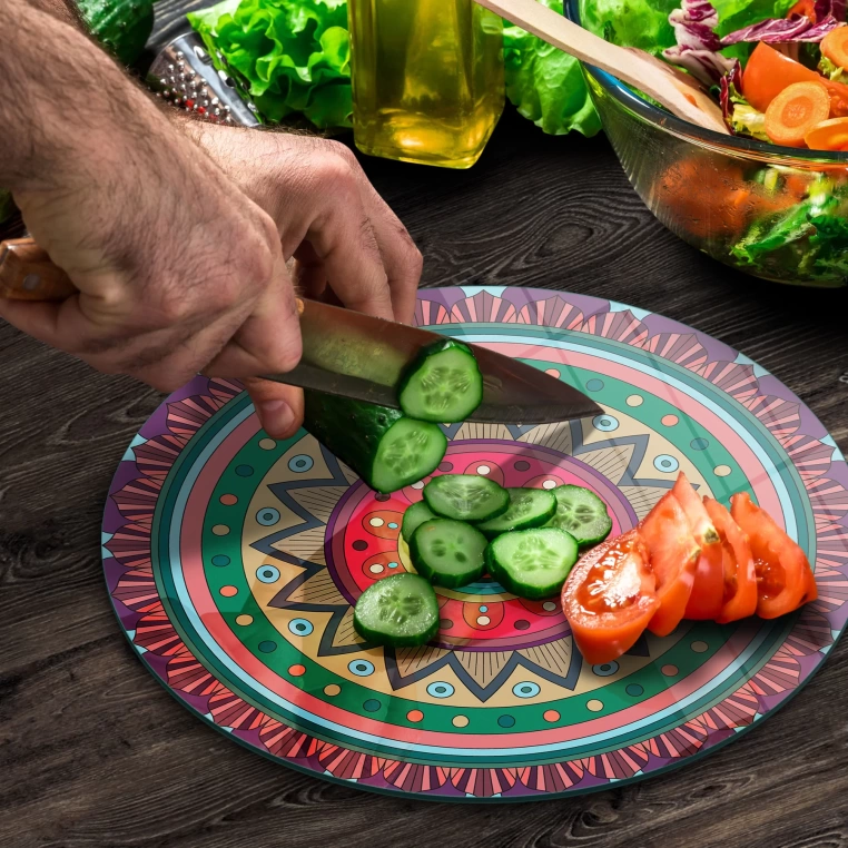 Tempered 12 inch Round Glass Cutting Board - Mandala